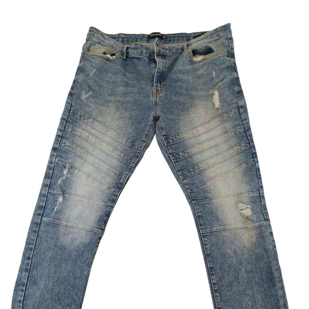 Southpole Mens Skinny Moto Jeans 40x32 Distressed Blue Denim Streetwear Pleated